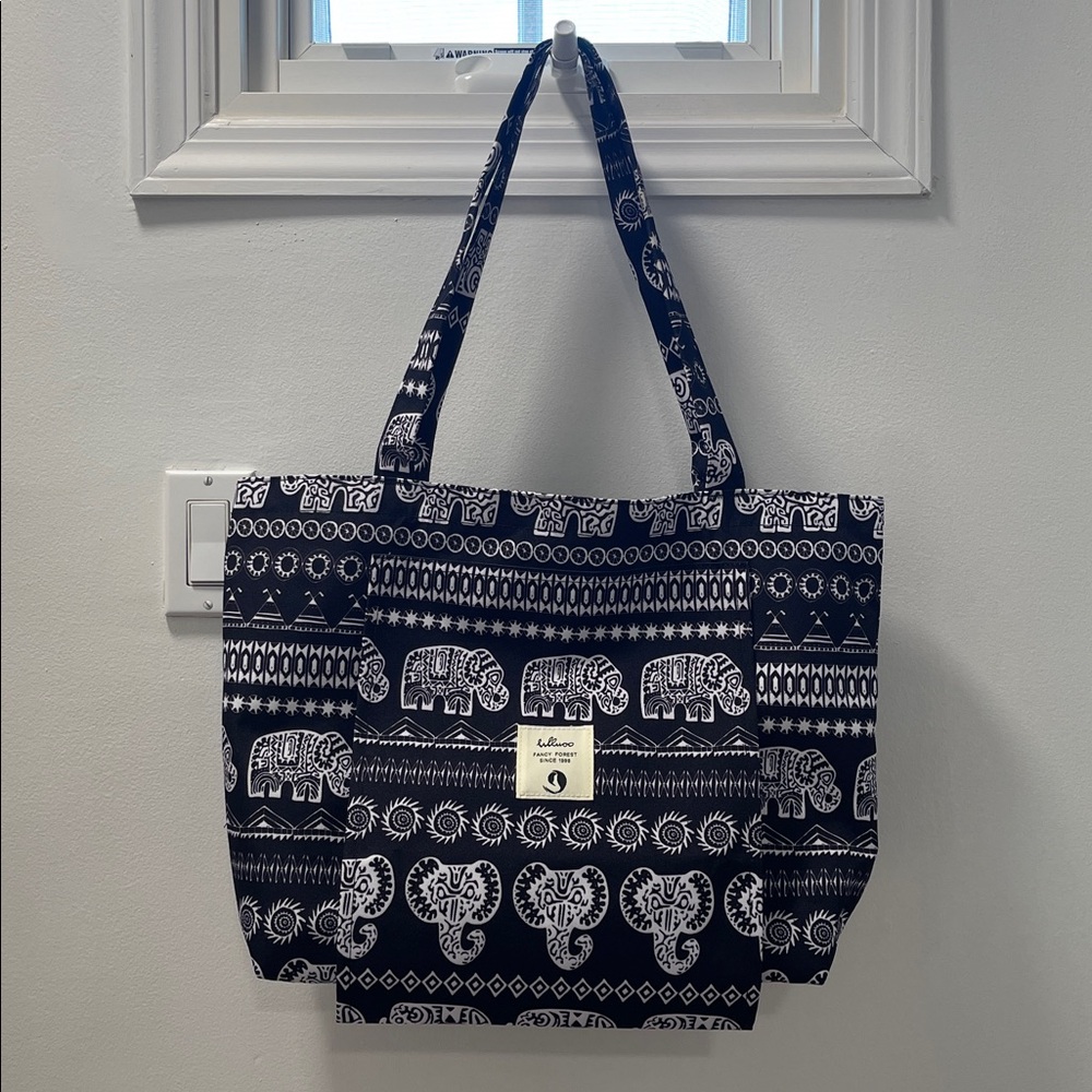 Navy and White Elephant Print Yoga Bag